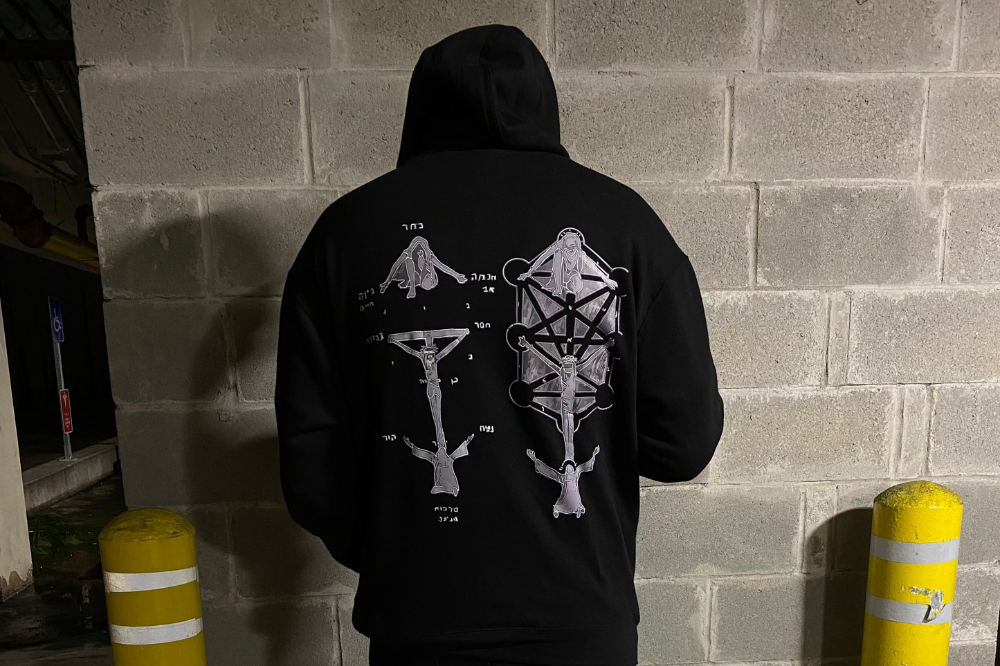 ANCIENT SCRIPTURE CHAIN STRINGS BLACK HOODIE